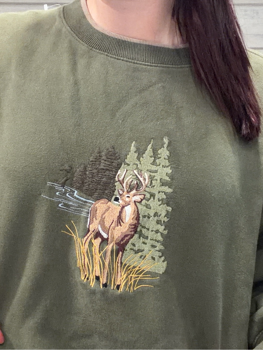 Vintage Olive Green Deer Embroidered Crewneck Sweatshirt - Picture 6 of 6